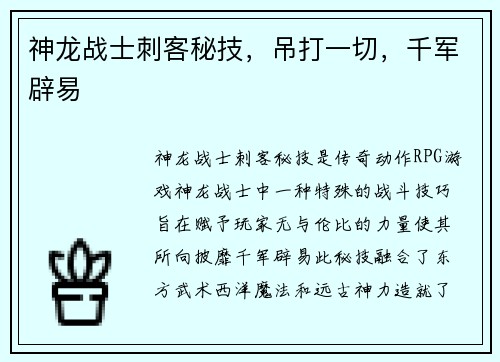 神龙战士刺客秘技，吊打一切，千军辟易